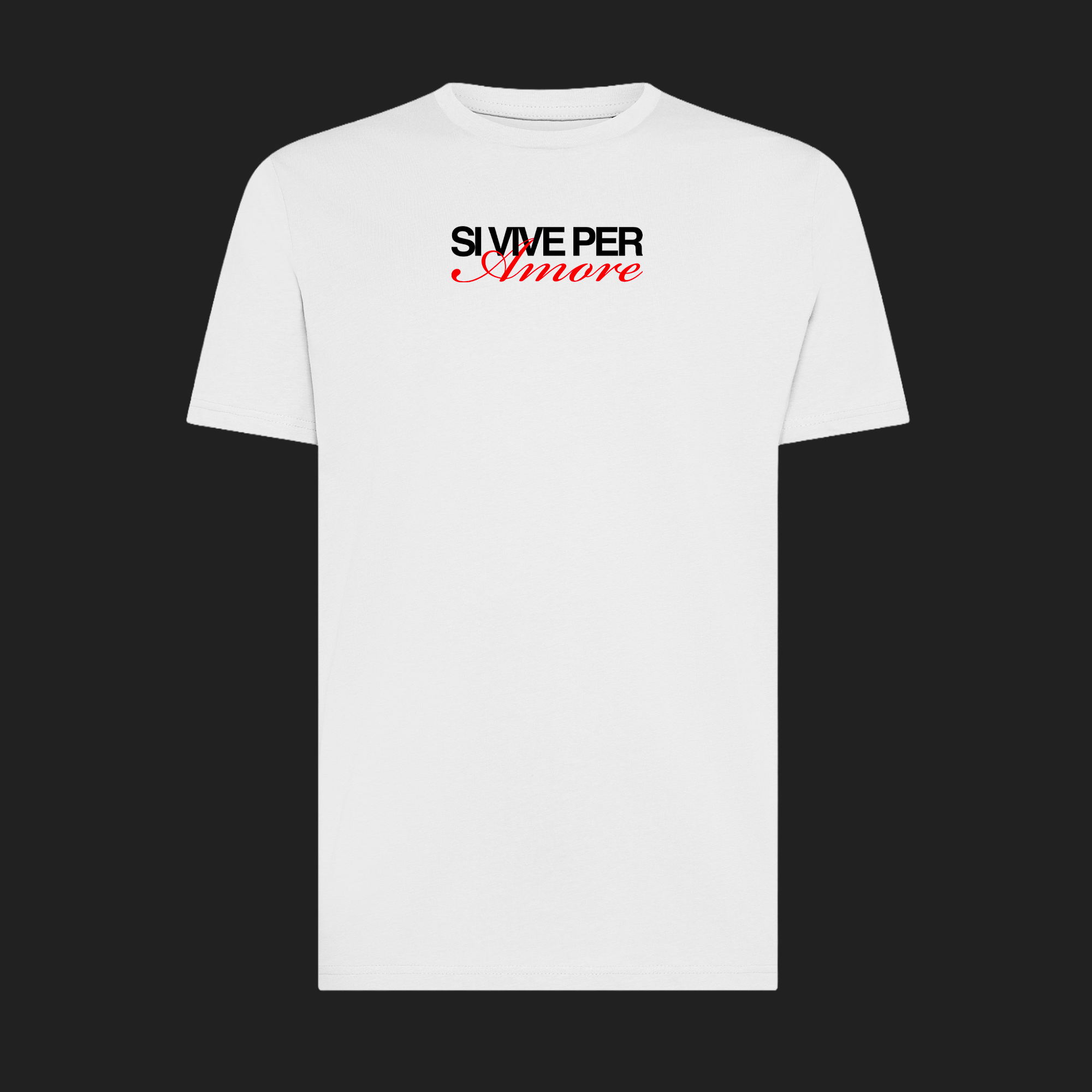 Maglietta Gibi Merch "SI VIVE PER AMORE" con stampa frontale digitale, tessuto morbido e design colorato.
