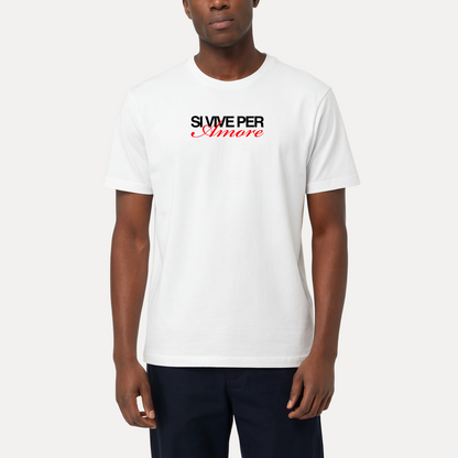 T-shirt bianca Gibi Merch con scritta "SI VIVE PER AMORE" sul fronte, tessuto morbido e comodo.