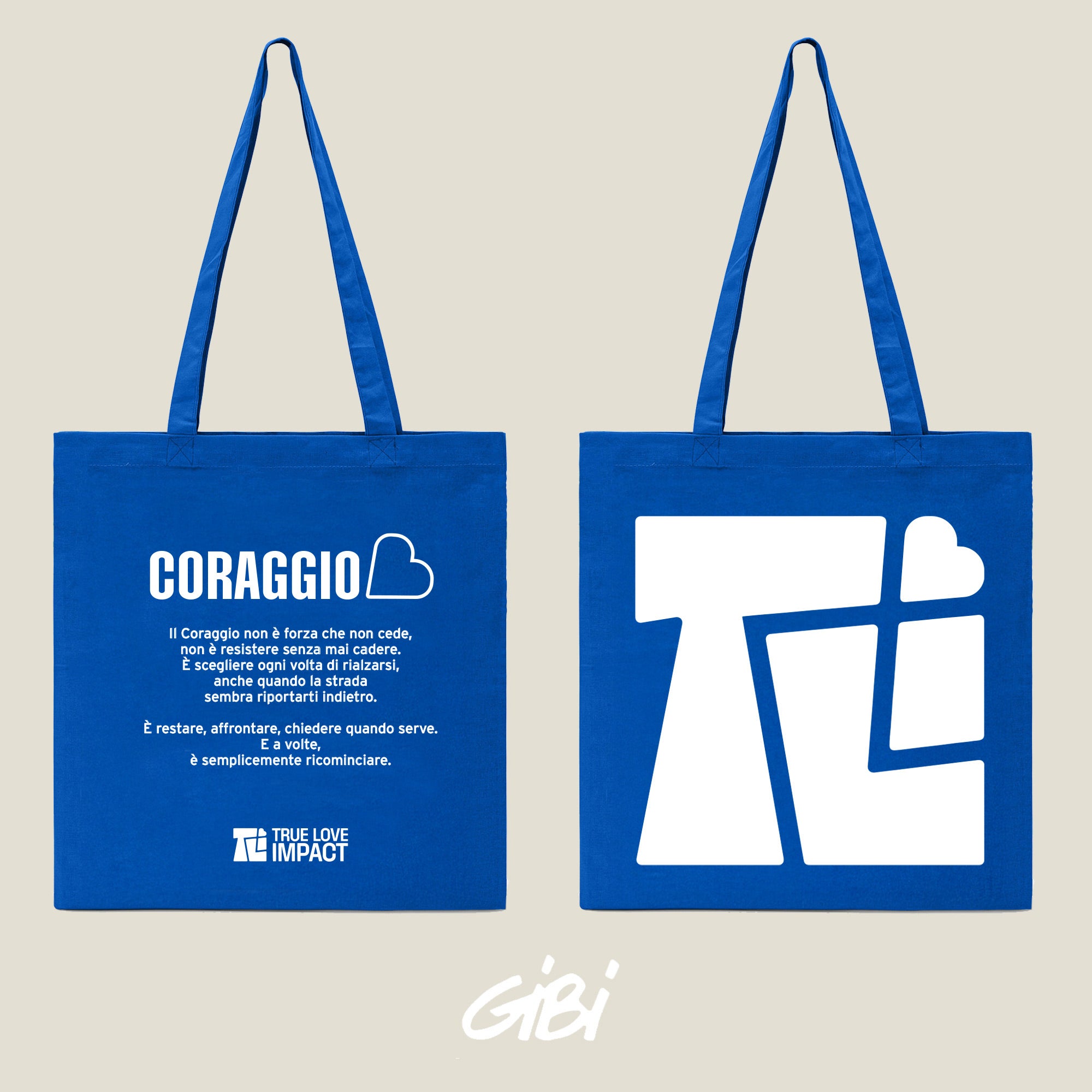 Borsa shopper Gibi Merch Coraggio Royal con dettagli colorati e logo visibile su tessuto resistente e spazioso.