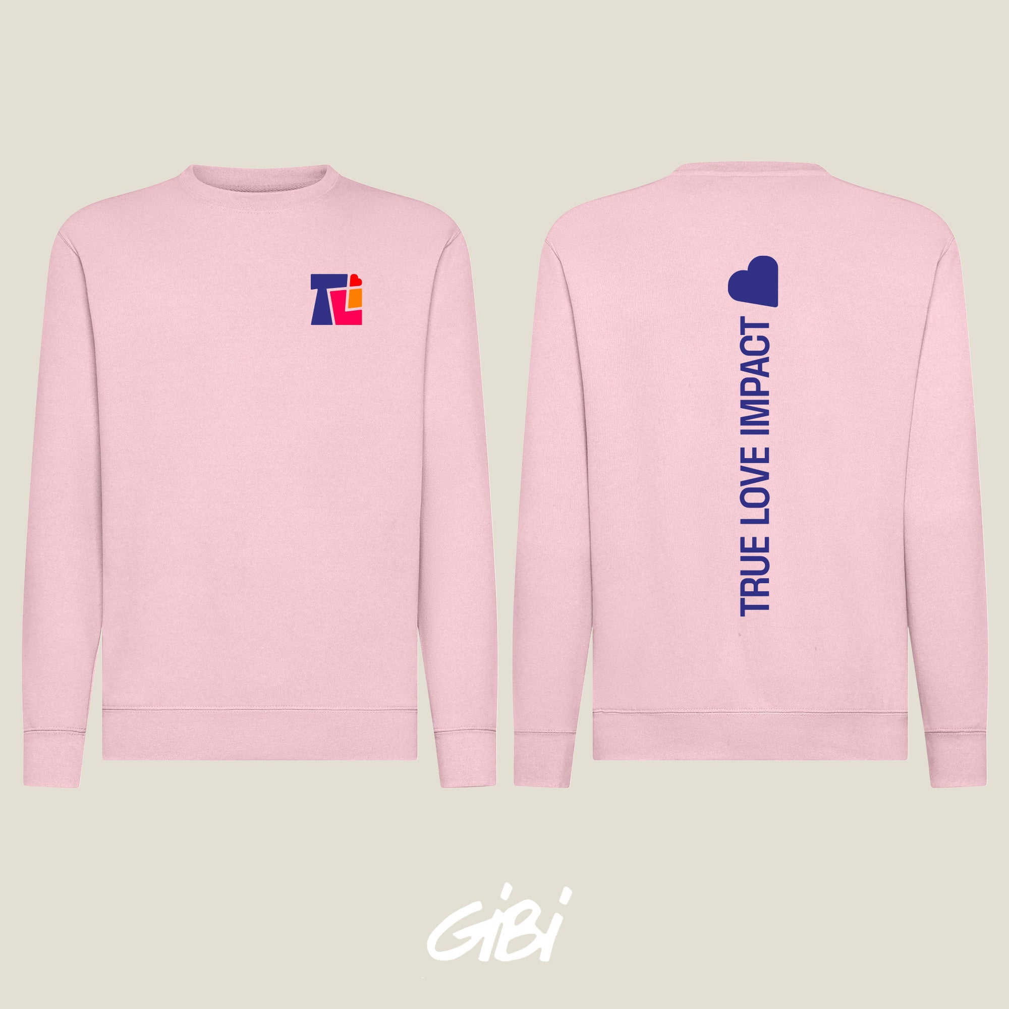 Maglione crewneck Gibi Merch con iconografia rosa, morbido tessuto e design casual, ideale per un look comodo e alla moda.