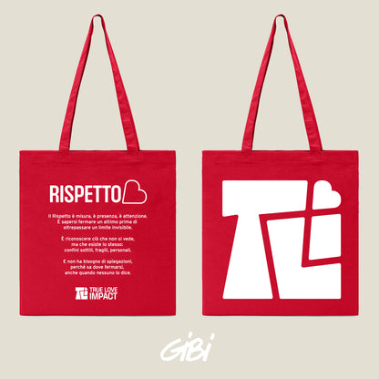 Shopping bag Gibi Merch Shopper 1 in tessuto con stampa retro rossa e dettagli in nero, vista frontale.
