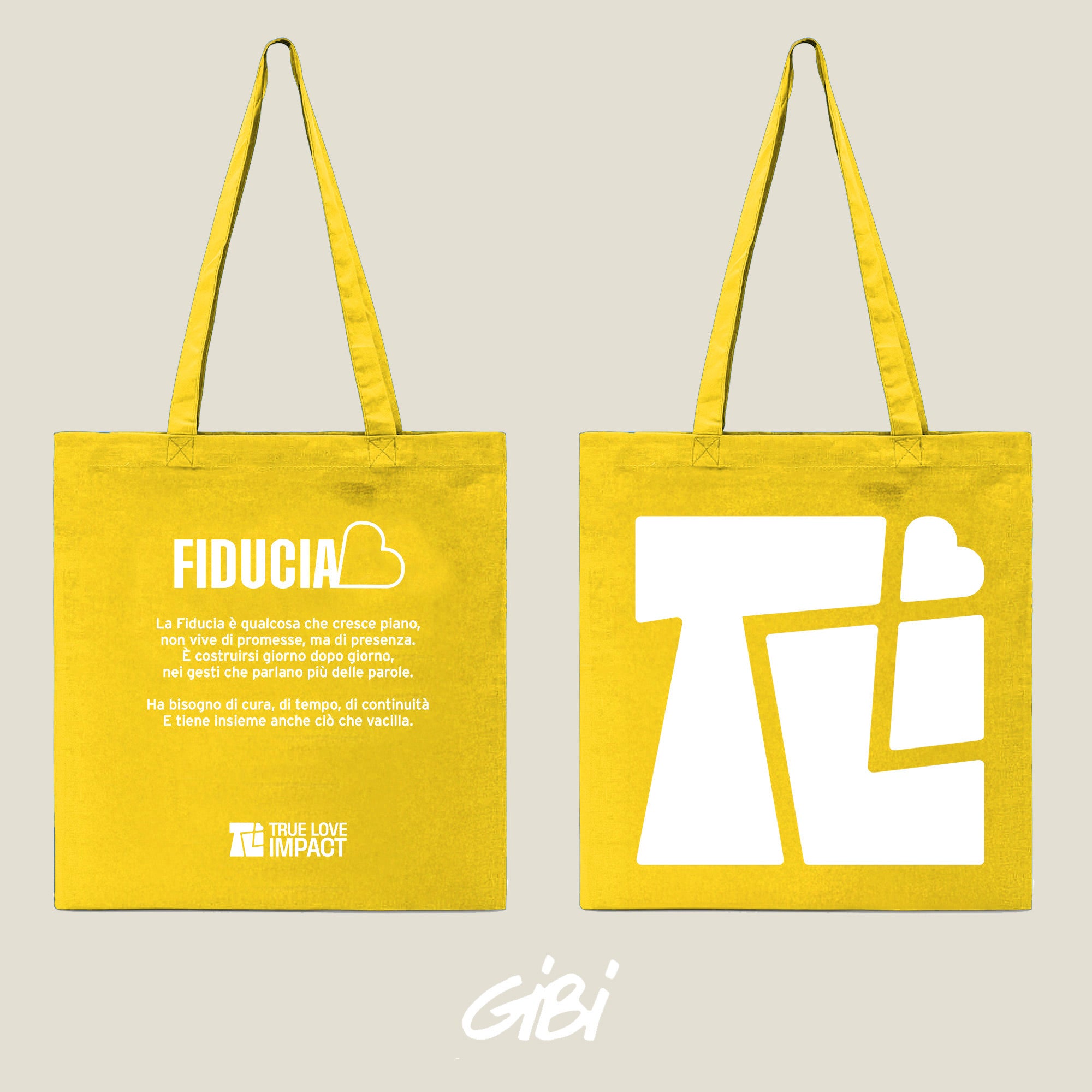 Shopping bag Gibi Merch Shopper 1 color senape con manici robusti e logo stampato, vista frontale.
