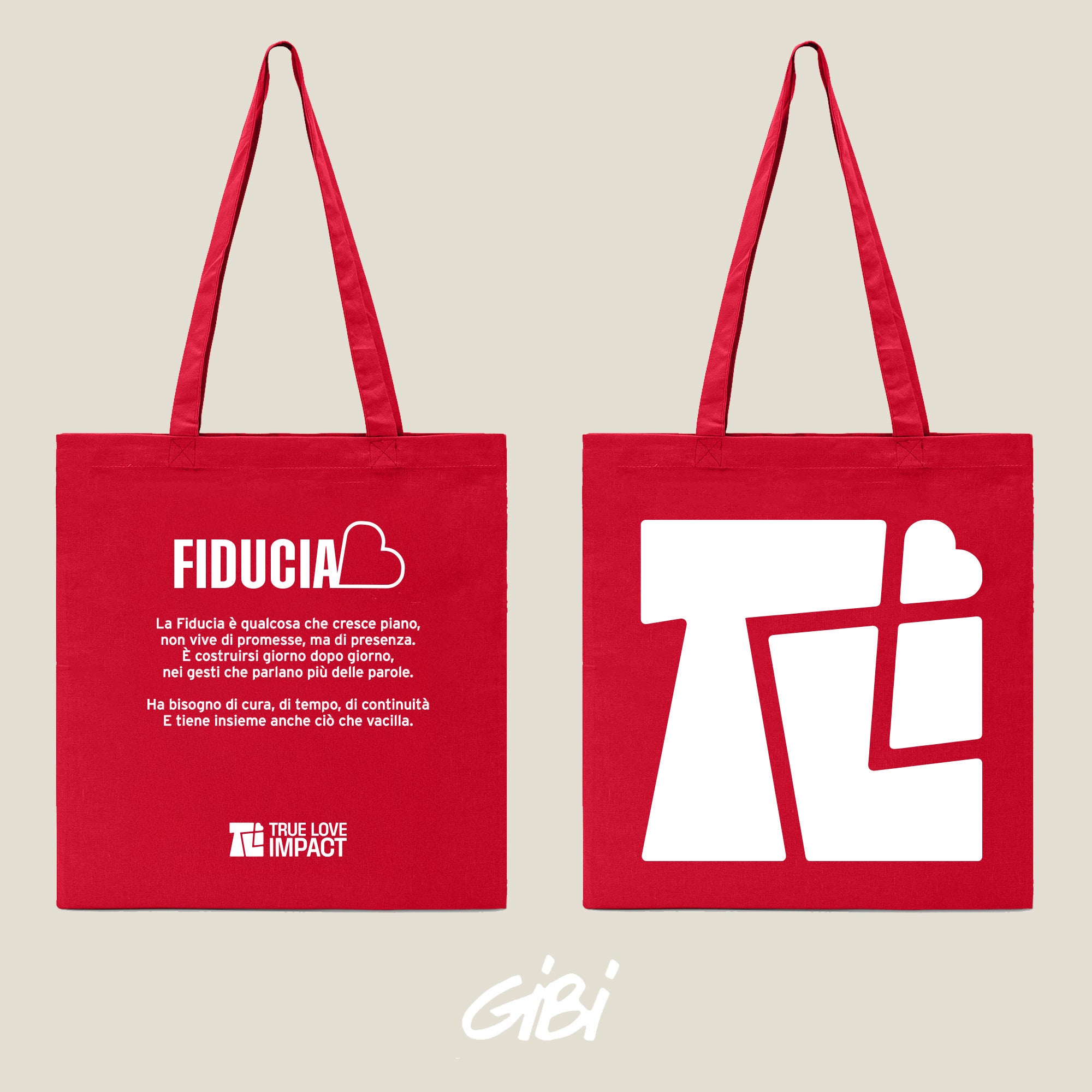 Borsa shopper Gibi Merch in rosso con logo, elegante e spaziosa, ideale per shopping e uso quotidiano.