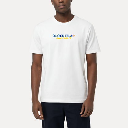 Maglietta Gibi Merch OLIO SU TELA con stampa Frosinone, tessuto morbido e comodo, vista frontale del design.