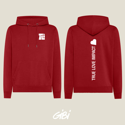 Felpa hoodie rossa Gibi Merch con cappuccio e tasche frontali, vista frontale in alta definizione.