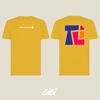 T-shirt Gibi Merch con logo iconico color miele, morbido tessuto e vestibilità comoda, vista frontale del prodotto.