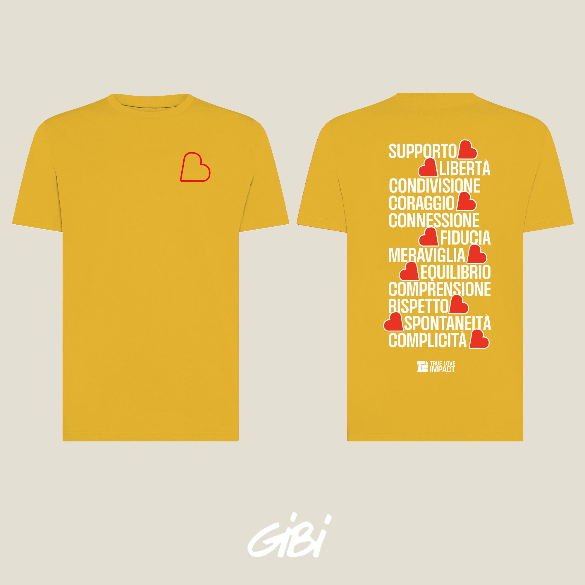 T-shirt Gibi Merch giallo con stampa Honey, morbido tessuto e vestibilità comoda, davanti.