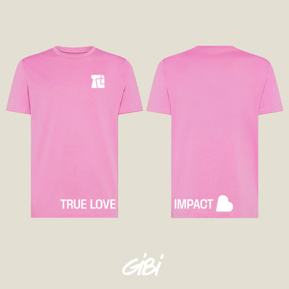 Maglietta rosa Gibi Merch con stampa "Impact" in cotone, maniche corte e vestibilità casual, vista frontale.