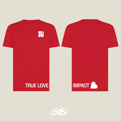 T-shirt rossa Gibi Merch con stampa Impact, morbido tessuto in cotone, vista frontale.