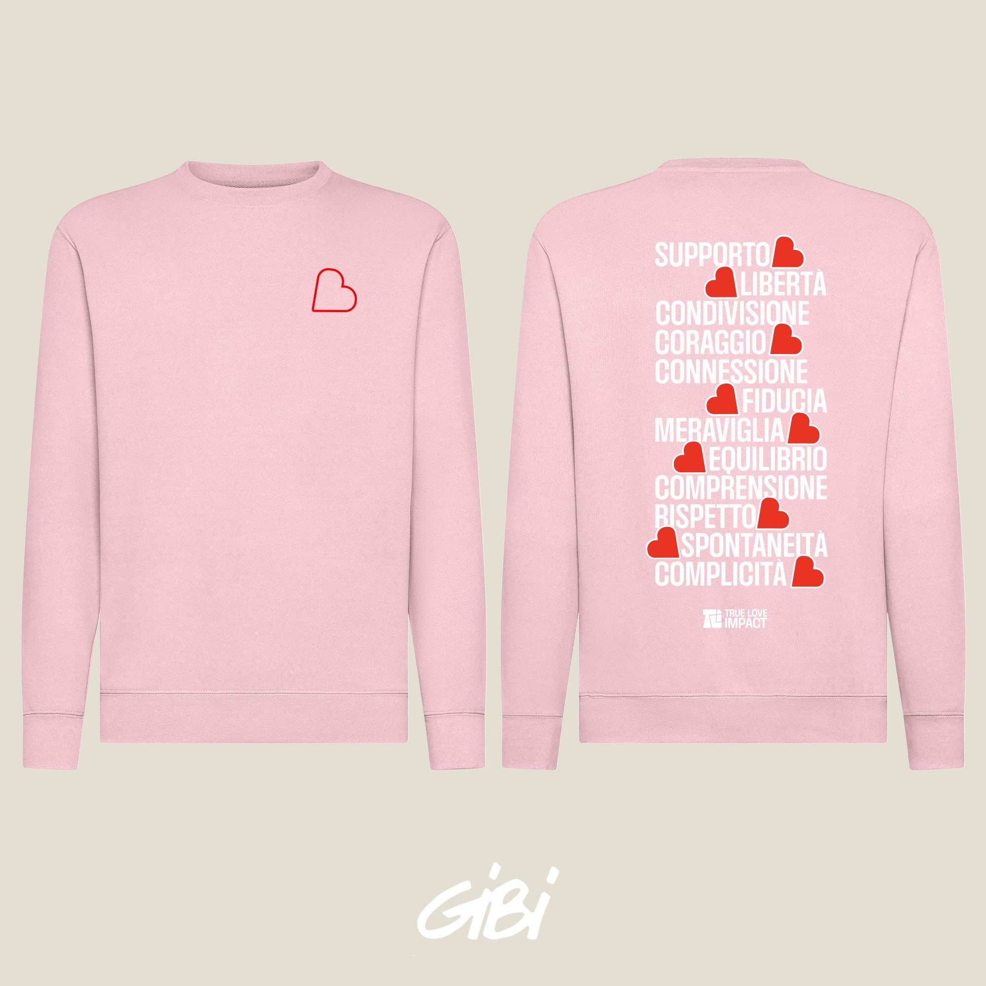Felpa Crewneck Gibi Merch con scritte nere, morbida e comoda, vista frontale con dettagli del design.