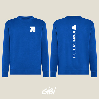 Felpa crewneck Gibi Merch Royal in tessuto morbido, vista frontale con logo stampato, colore blu royal.