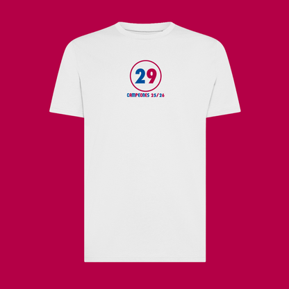 Maglietta Gibi Merch CAMPEONES 25/26 con stampa frontale, tessuto morbido e design sportivo, ideale per tifosi e appassionati.