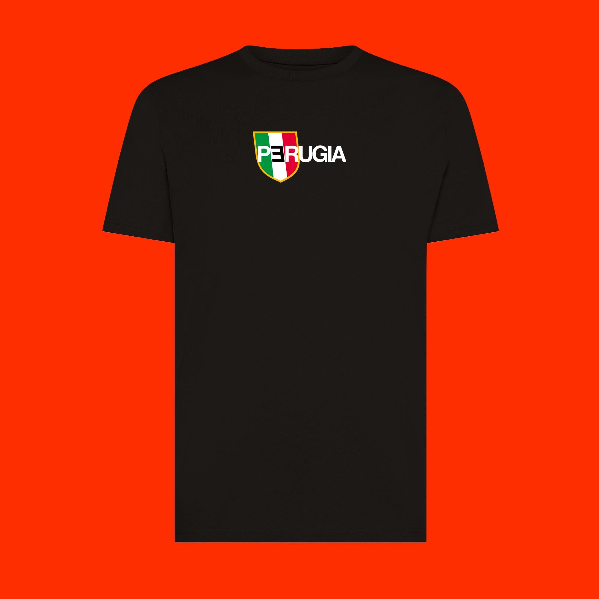 Maglietta P3RUGIA Gibi Merch con design digitale frontale, mostra il logo e il motivo grafico sulla parte anteriore.