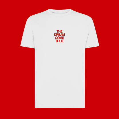 Maglietta Gibi Merch The Dream Come True, vista frontale, in cotone con stampa centrale, colore bianco.