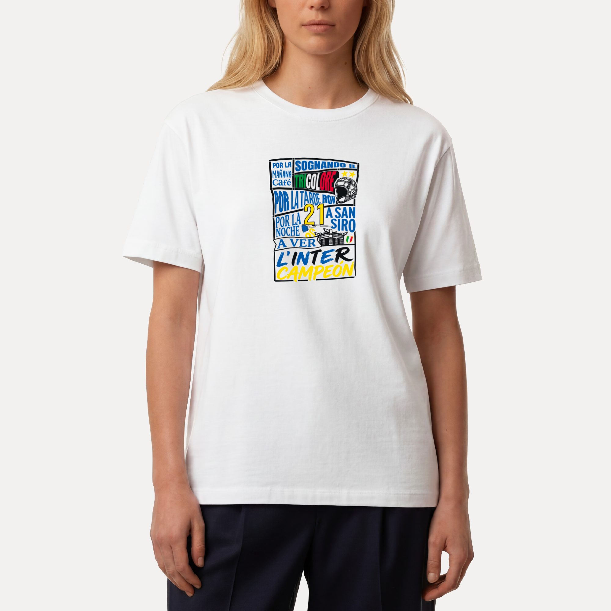 Maglietta inter campeón Gibi Merch con logo frontale, bianca, morbida e comoda da indossare.
