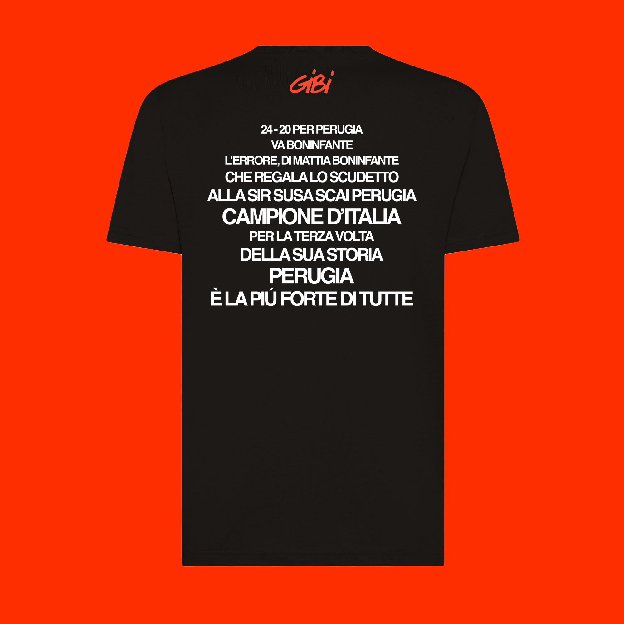 T-shirt Gibi Merch P3RUGIA con design digitale retrò, visualizza il logo e il motivo grafico sulla parte anteriore del capo.