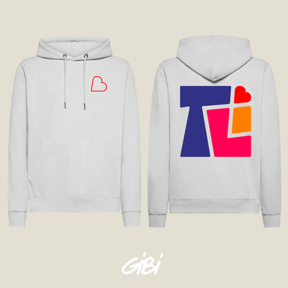 Felpa hoodie Gibi Merch vista da dietro, con dettagli sul motivo e il logo sulla schiena. Capo di abbigliamento casual e comodo.